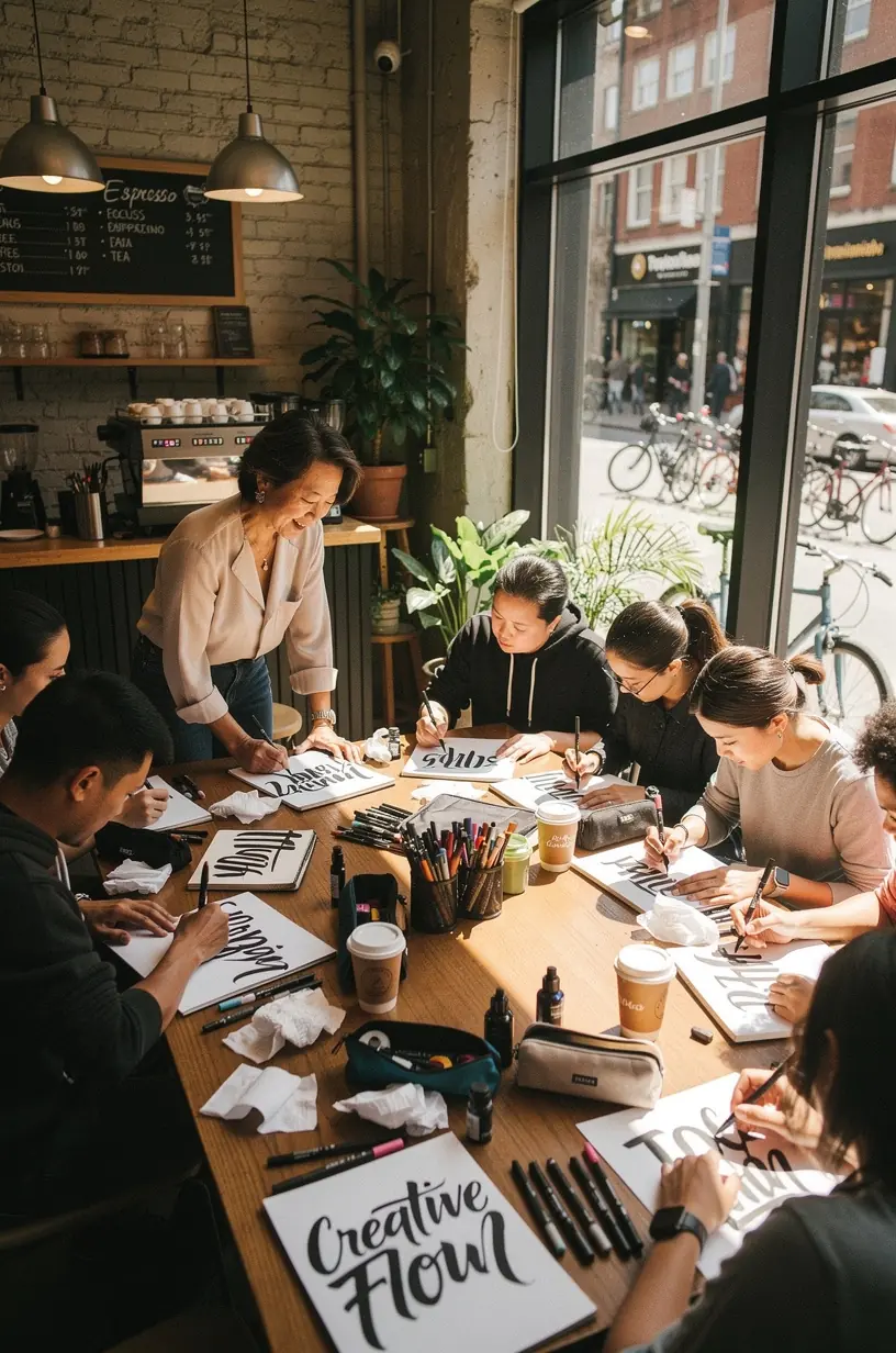 Participants experimenting with various painting techniques in a workshop