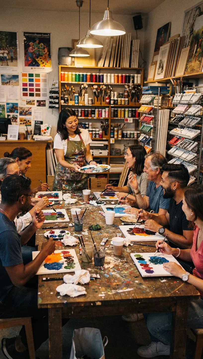Person painting on canvas in a workshop setting.